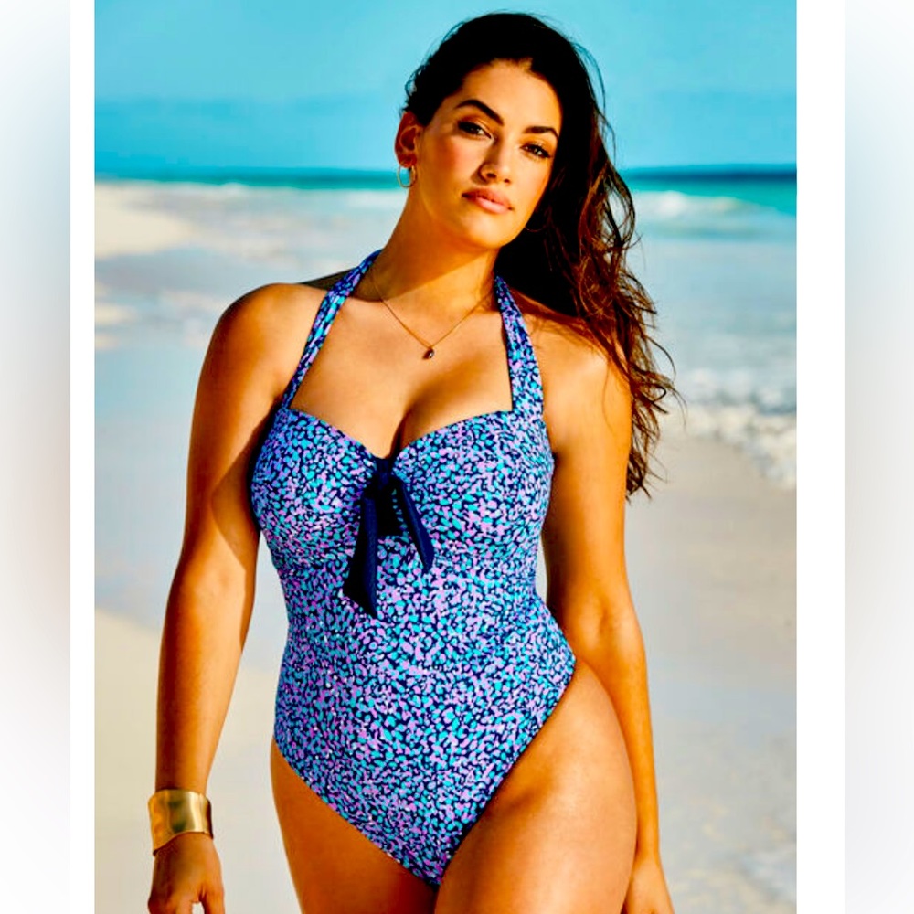 TIE FRONT HALTER ONE PIECE SWIMSUIT Blue Purple Pebble- Swimsuits for All